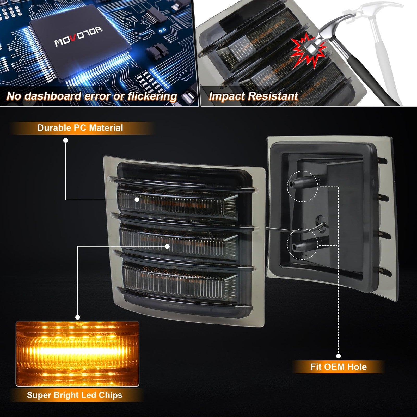 MOVOTOR LED side marker lights with amber sequential turn signal, featuring side corner design for vehicle visibility.