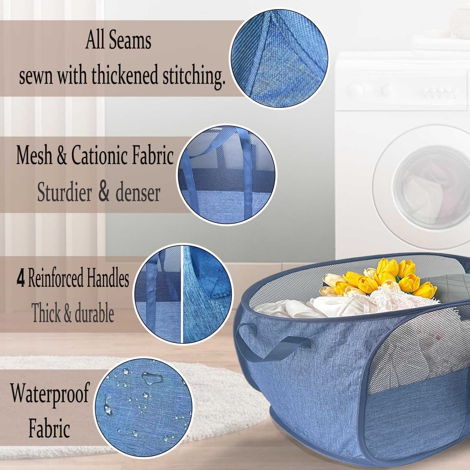 NairSnow 100L collapsible laundry baskets, large mesh pop-up hampers in a two-pack, featuring sturdy handles and breathable design.
