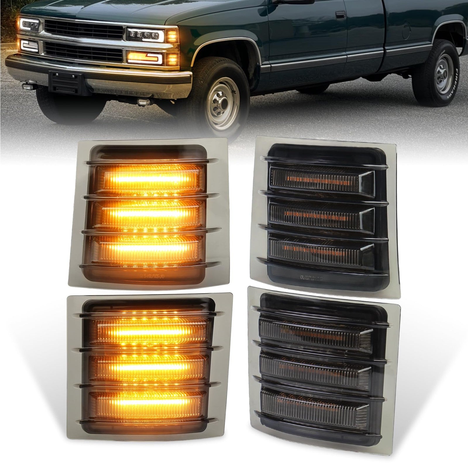 MOVOTOR LED side marker lights with amber sequential turn signal, featuring side corner design for enhanced vehicle visibility.