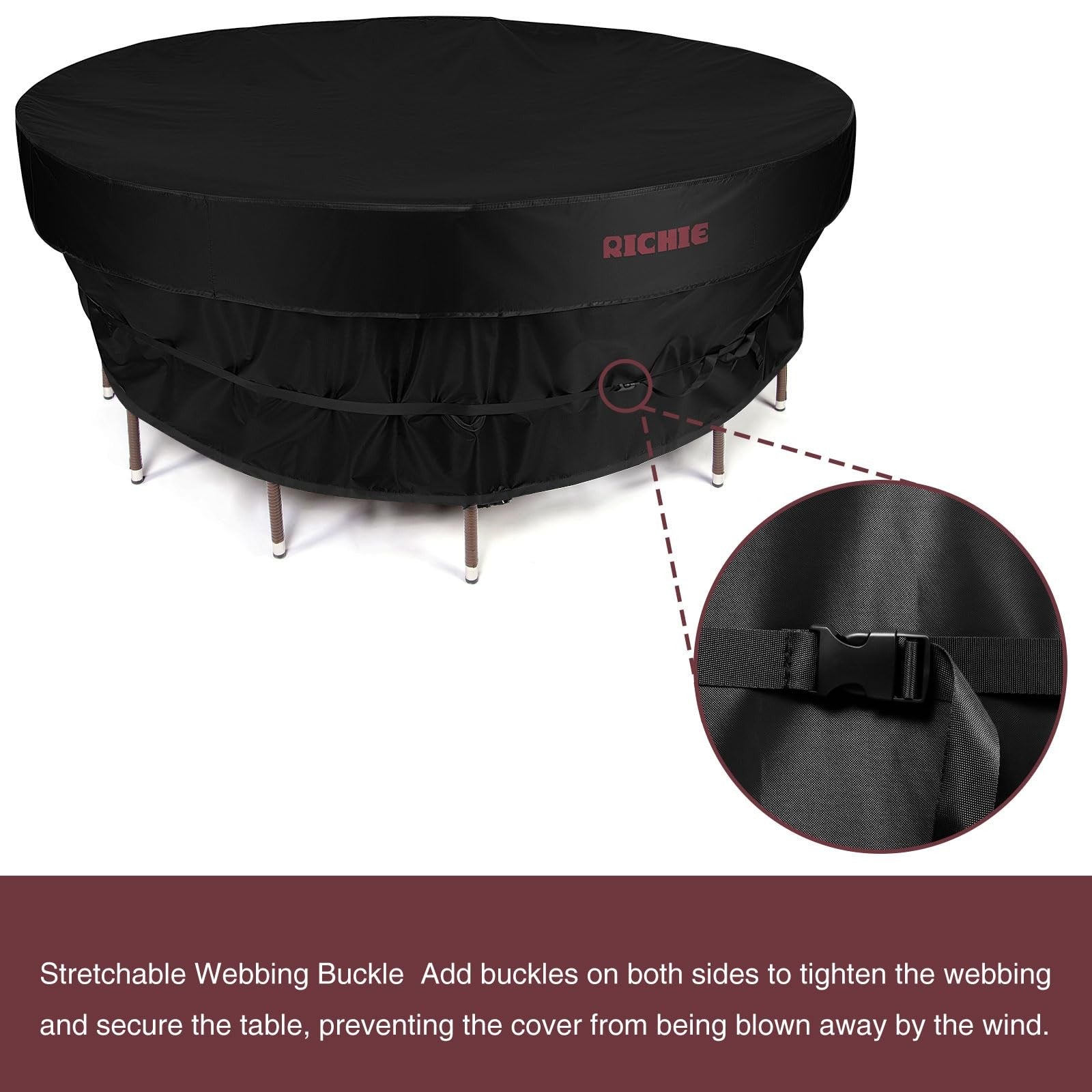 RICHIE waterproof round patio furniture cover made of 600D UV-resistant fabric, protects outdoor furniture from weather damage.