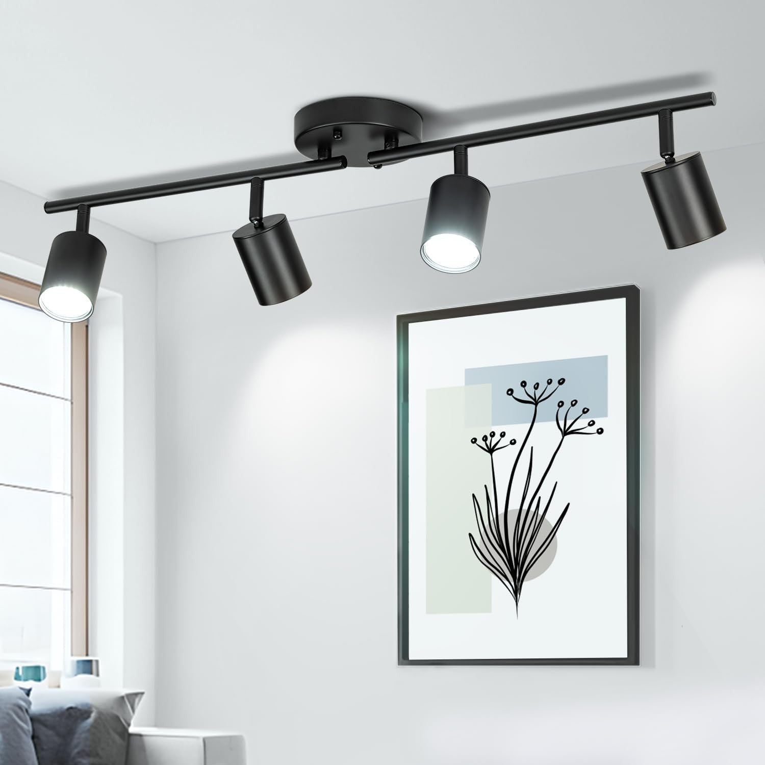 Fondiiz 4 Ways Track Lighting ceiling track with black rotatable heads, modern design, adjustable for versatile room lighting