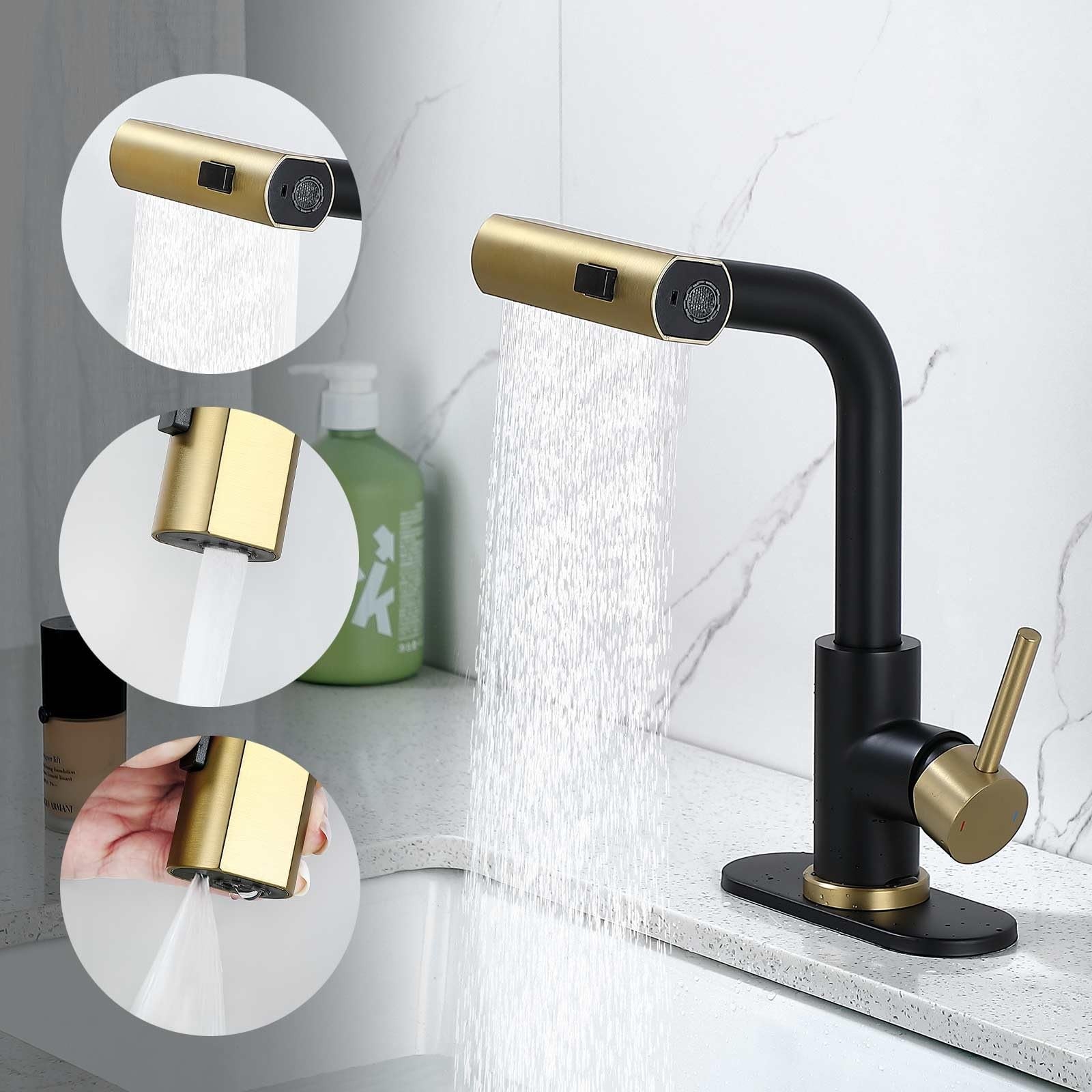 BARROCK waterfall bathroom faucet with 3-mode pull-out rotary switch sprayer and sleek modern design.