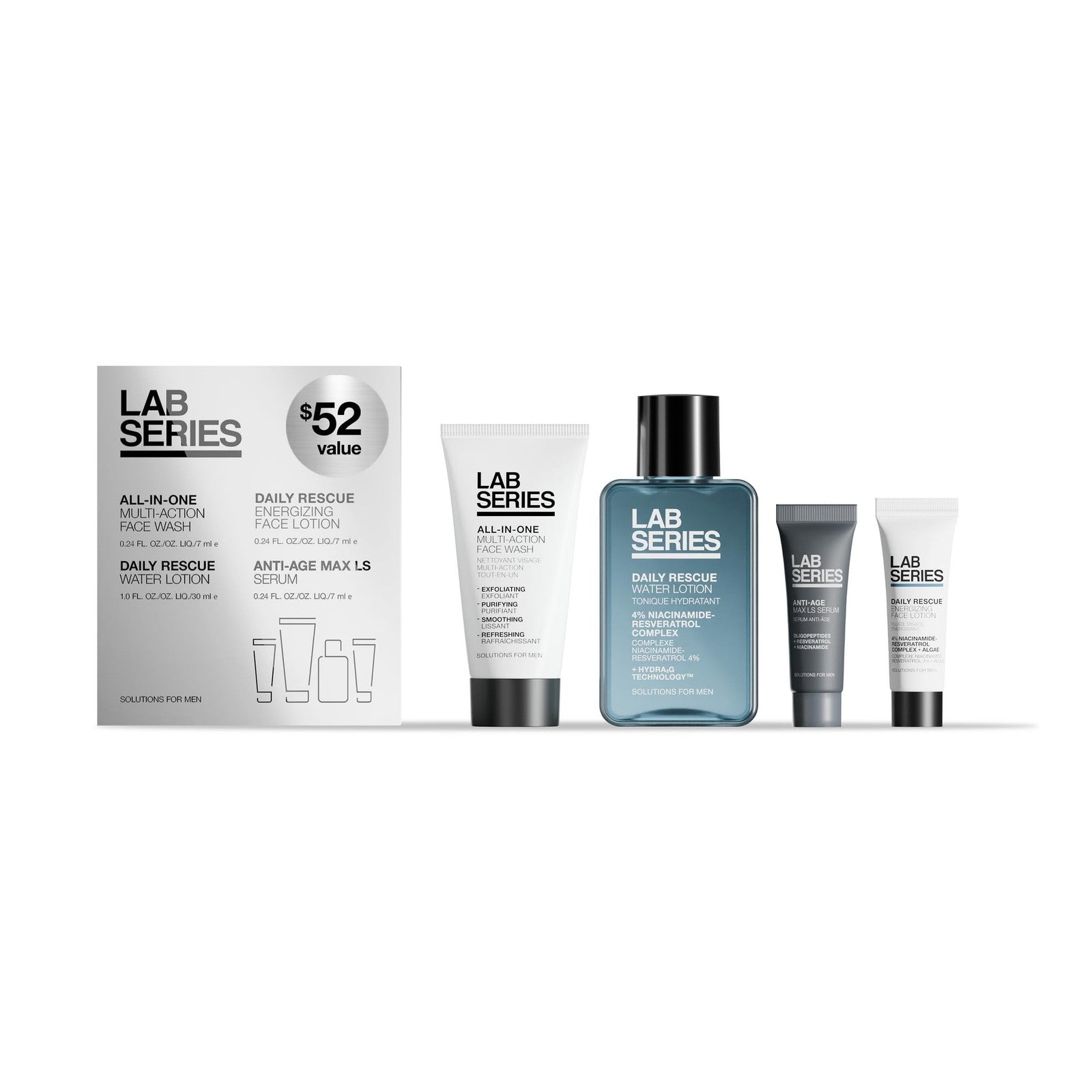 Lab Series men's travel size skincare set featuring essential grooming products in compact bottles and tubes for on-the-go use.