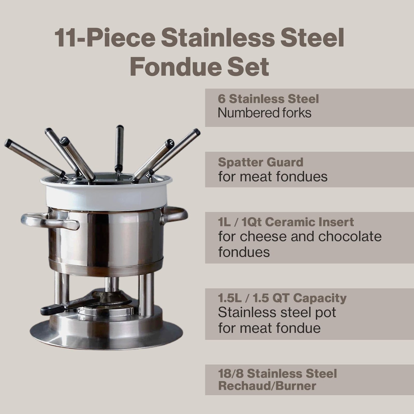 Swissmar Arosa 11-piece stainless steel 3-in-1 fondue set with fondue pots, forks, and stand for cheese, chocolate, or broth fondues.