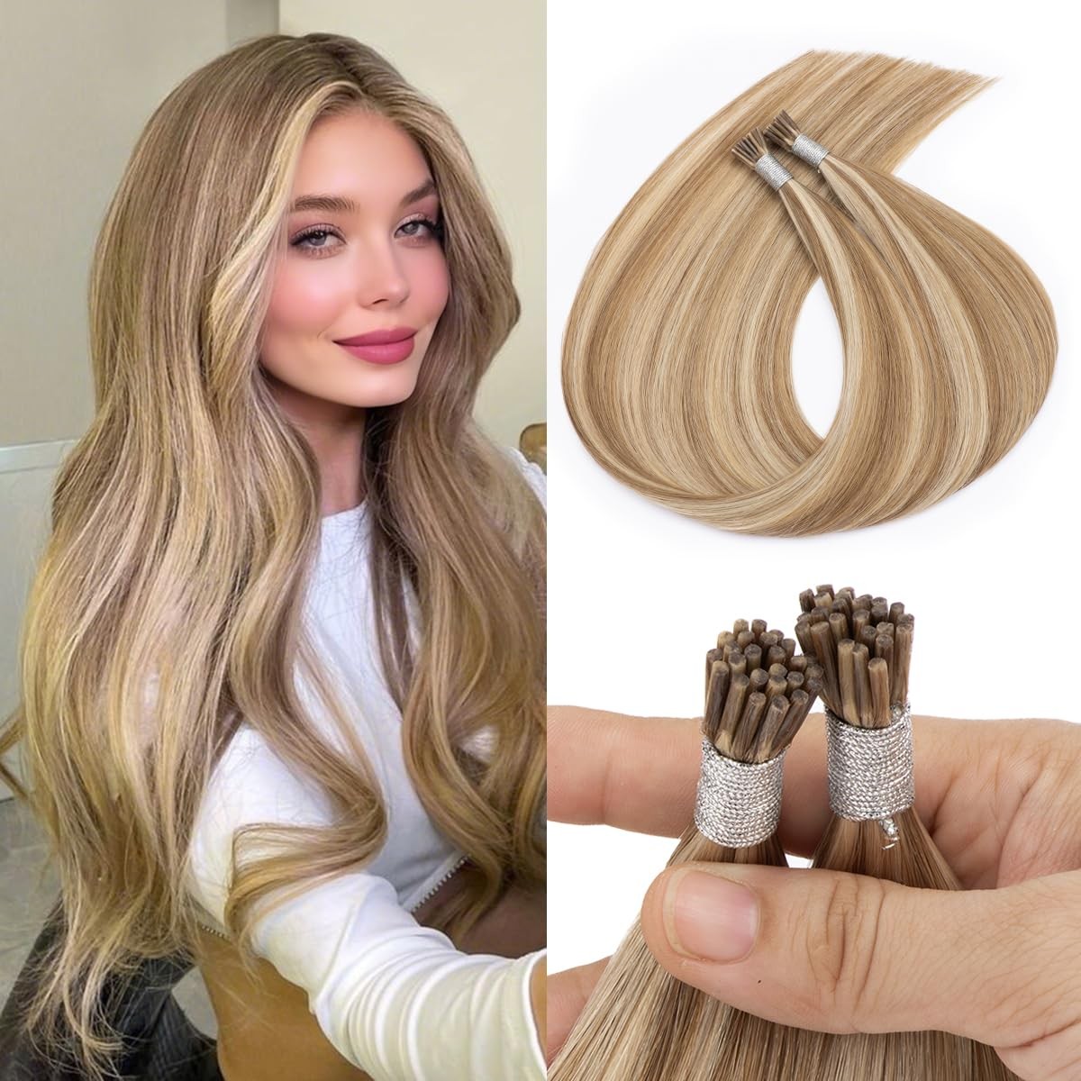 KPVXXVE human hair I tip hair extensions, 50g, 20 inches long, ash brown mix with bleach blonde shades, natural and smooth texture