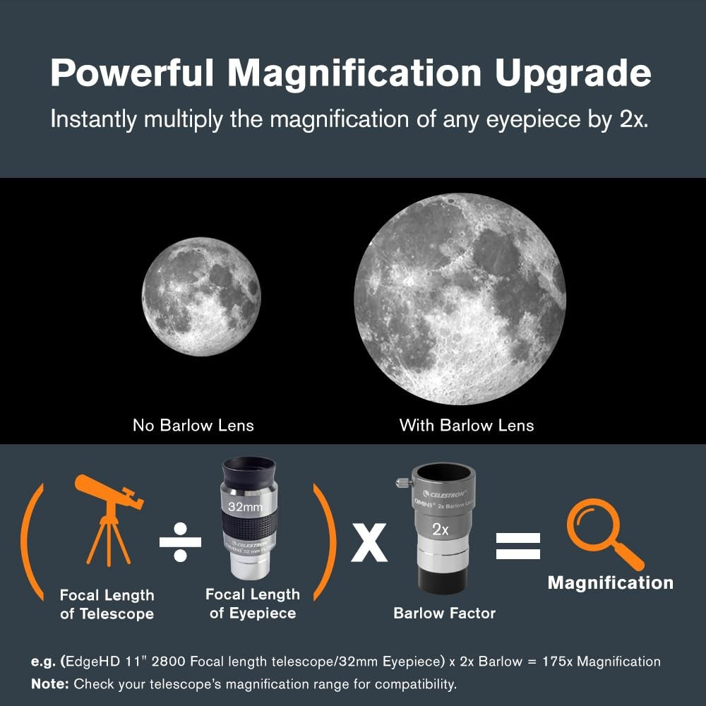 Celestron Omni Barlow Lens in silver, 2x magnification, designed for 1.25-inch telescope eyepieces.