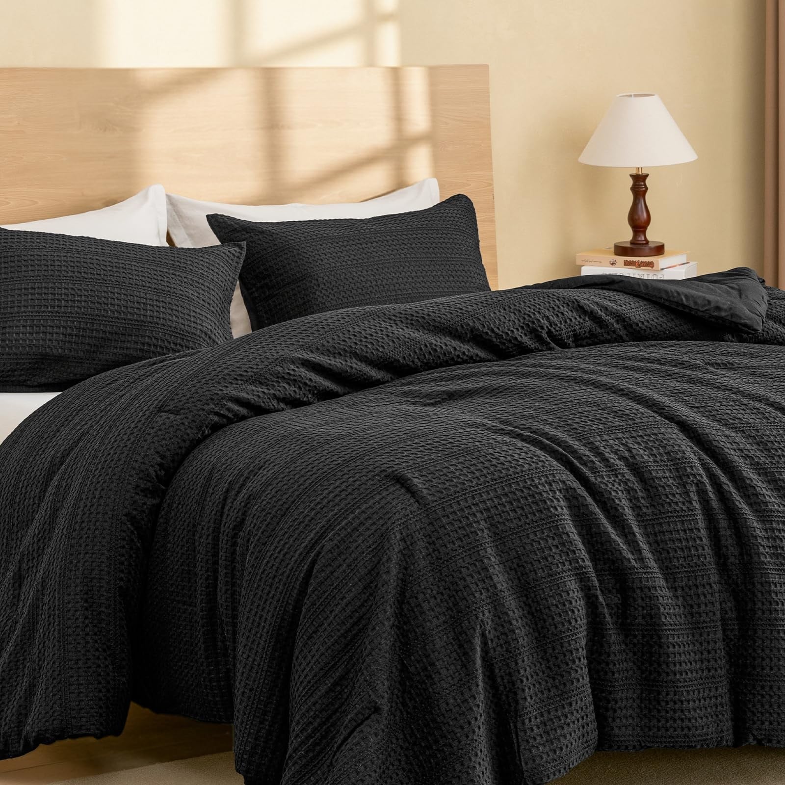 PHF twin size soft waffle comforter set with breathable waffle weave fabric, perfect for cozy, comfortable bedding.