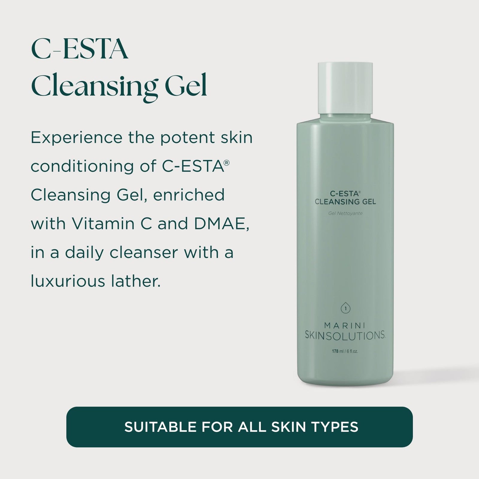 Marini SkinSolutions C-ESTA Cleansing Gel with Vitamin C and DMAE, gentle face cleanser for brightening and skin renewal.