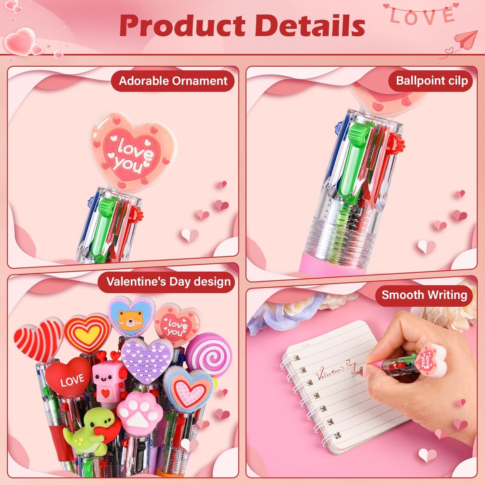 Set of 100 LiYiQ Valentine's Day animal multicolor pens featuring cute cartoon designs in a fun 4-in-1 style.