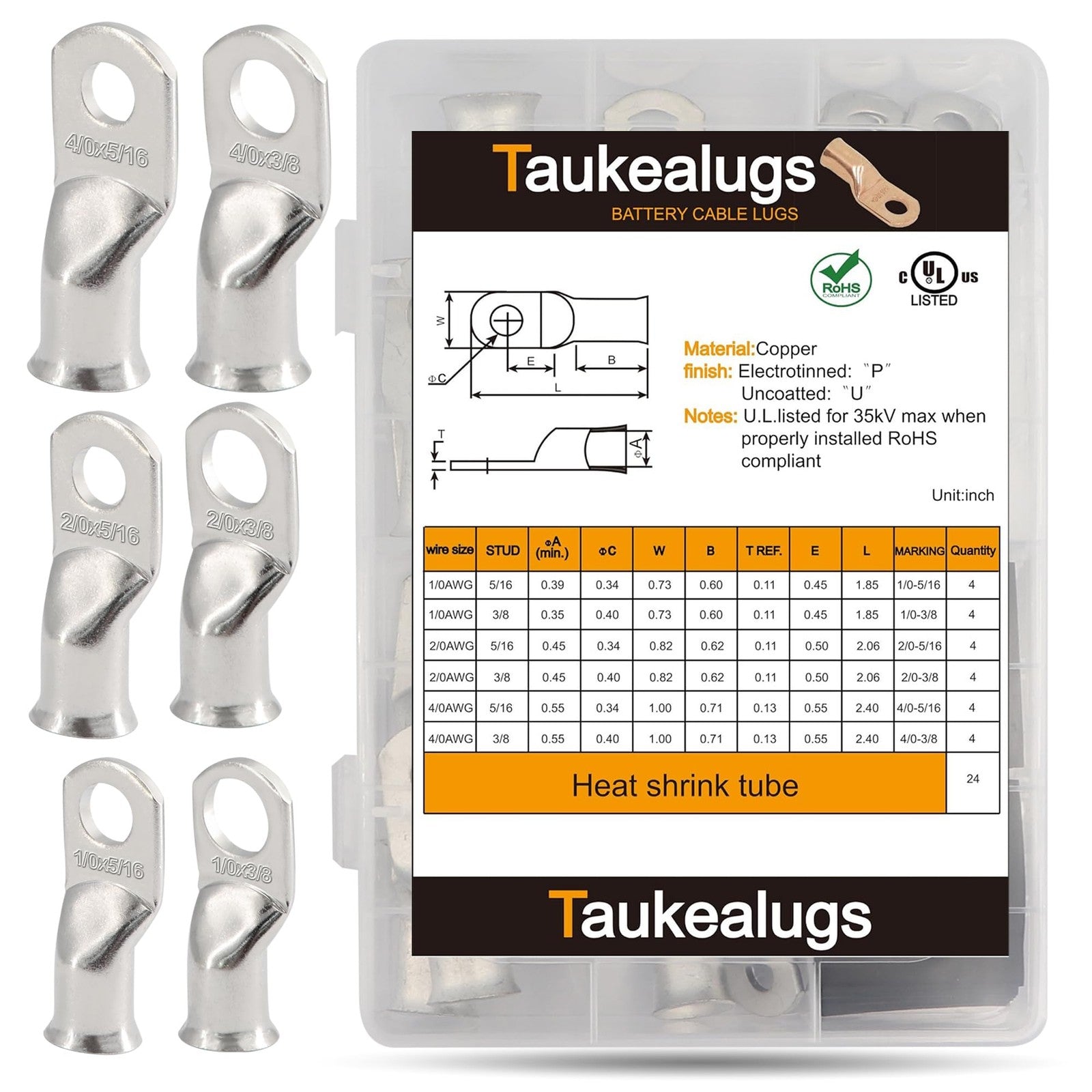 48-piece Taukealugs tinned copper battery terminal connectors with crimp ends for AWG 1/0, 2/0, and 4/0 cables.