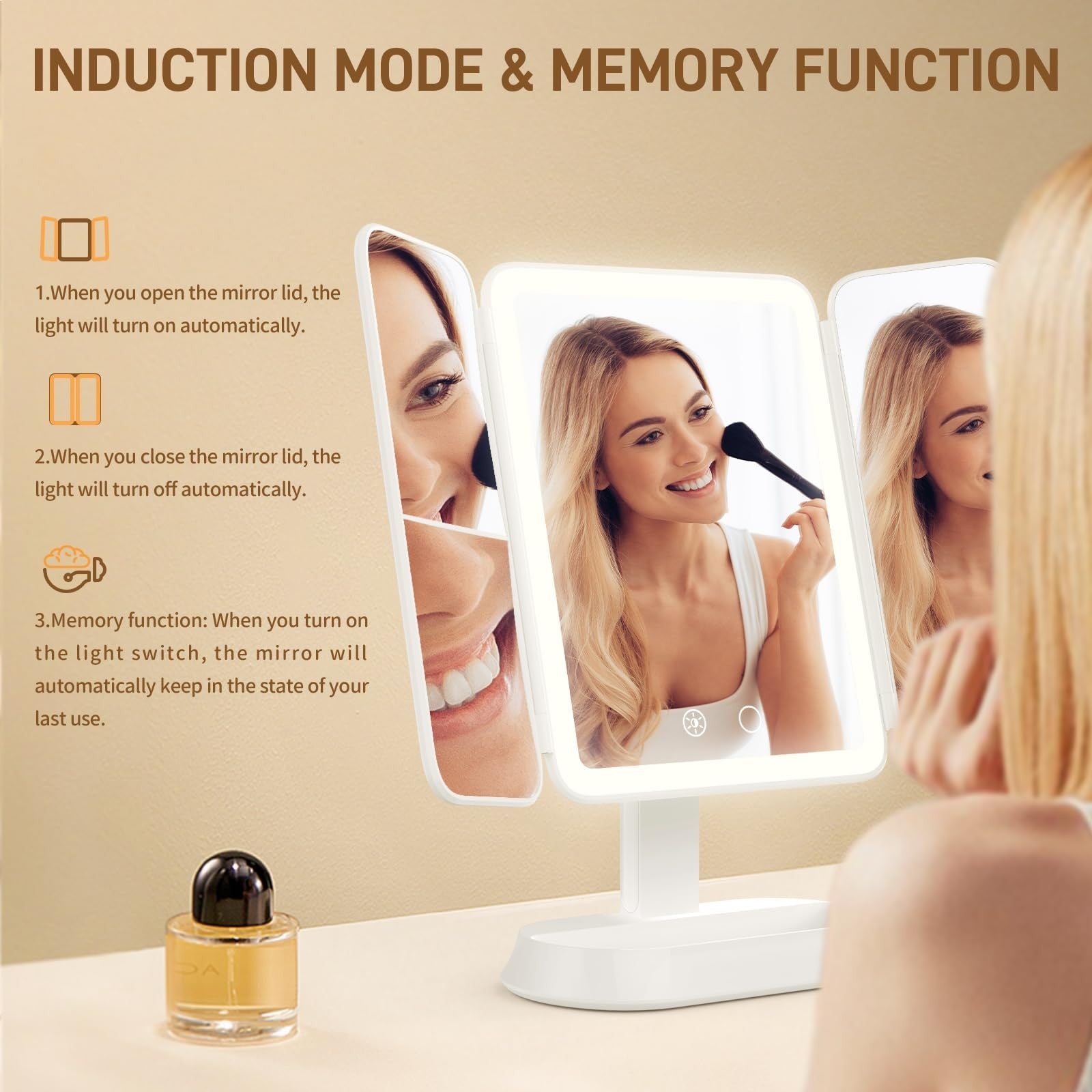 FRANO rechargeable makeup mirror with built-in lights and 2X, 3X, 10X magnification, showing illuminated mirror with adjustable brightness