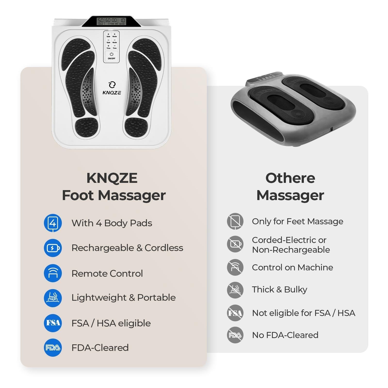 KNQZE EMS foot massager for neuropathy with TENS stimulation, showing the device applied to a person's foot for nerve circulation.