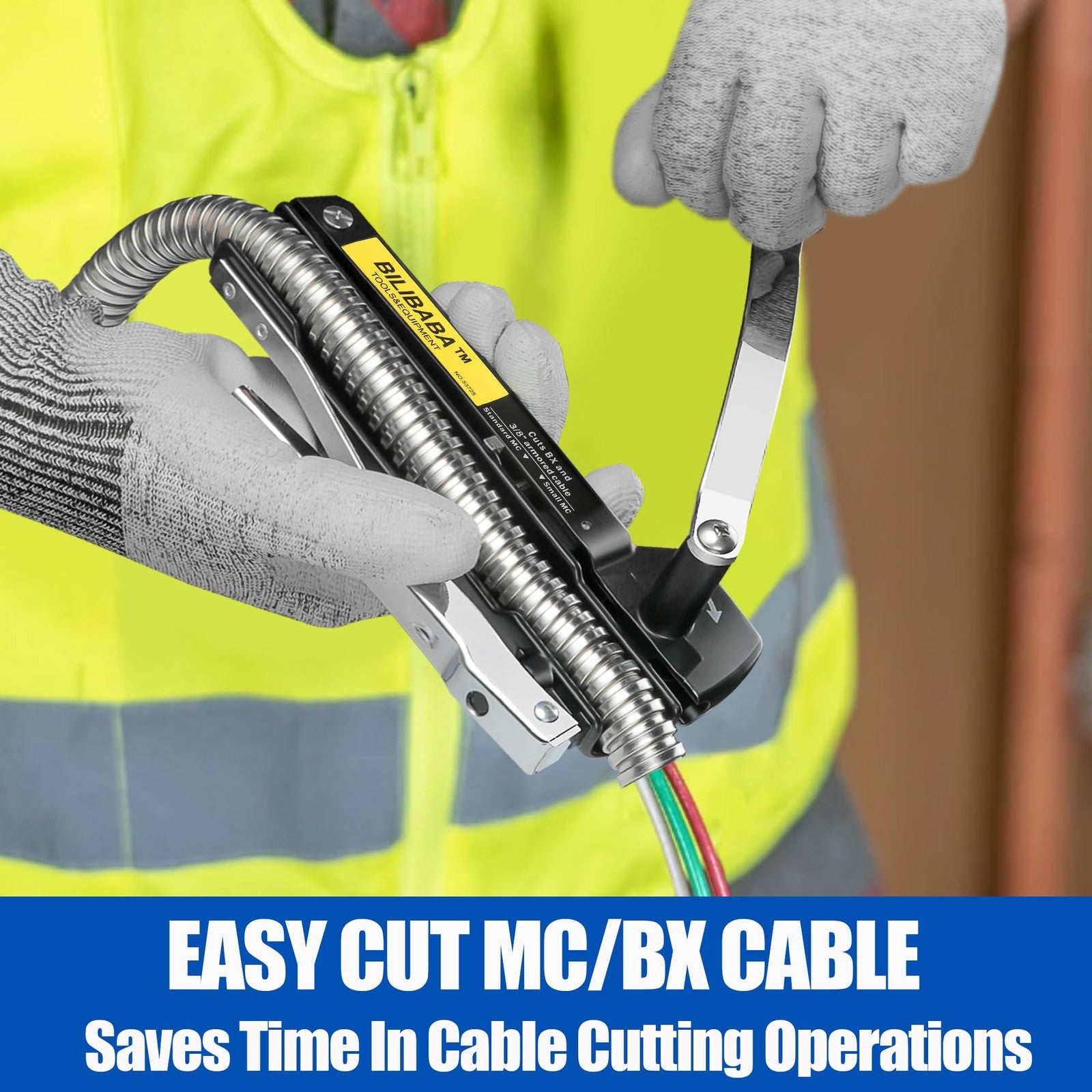 Blibaba Greenfield armored and BX cable cutter with easy-assembly design, suitable for 3/16" to 1-inch MC cables, shown in use.