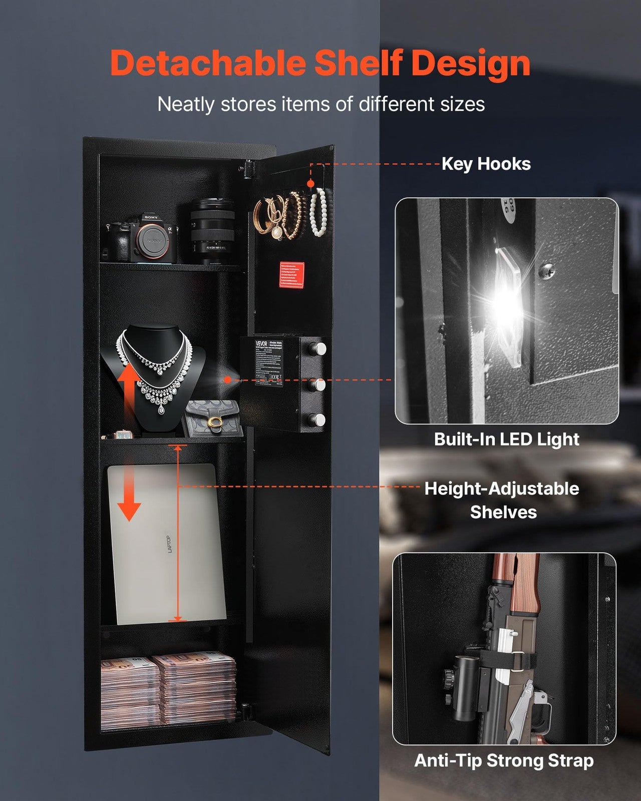Vevor 43.3-inch high wall safe with four tiers, hidden design, digital keypad, and key lock for secure gun storage.