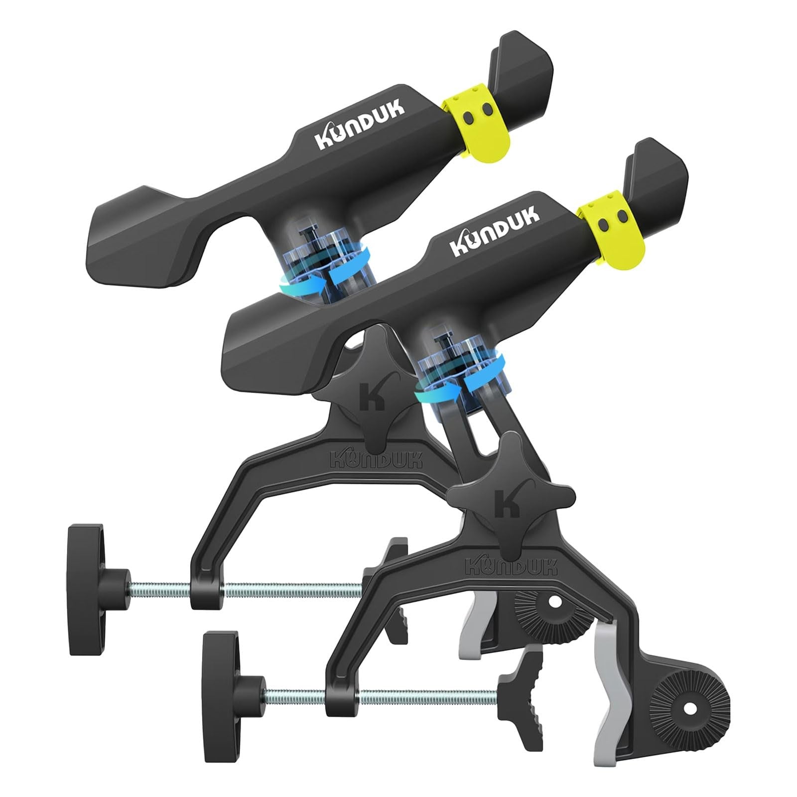 KUNDUK upgraded fishing rod holder with button-lock and 360° dual rotation, universal silicone mount for secure fishing gear.