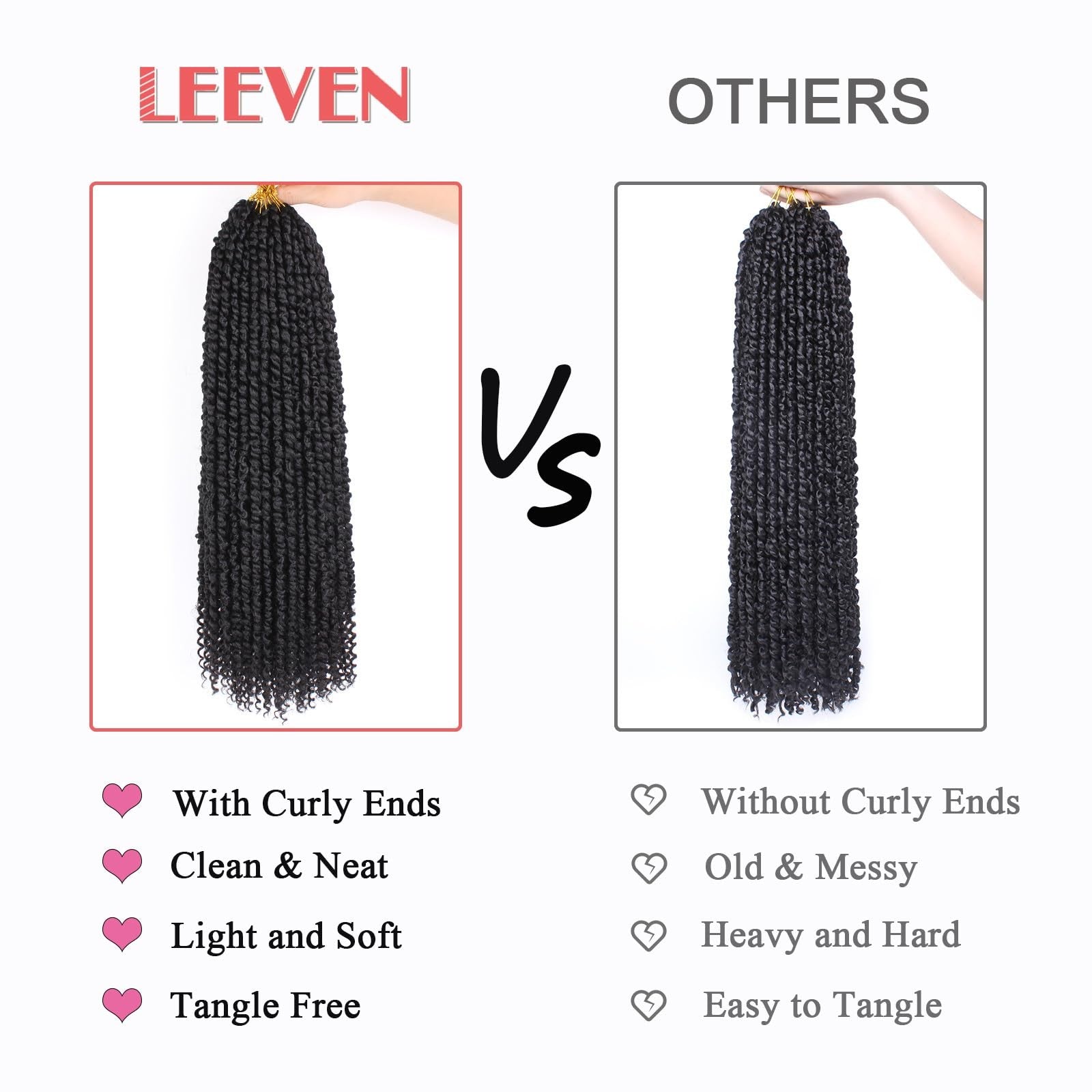 Leeven 8-pack passion twist crochet hair extensions with curly ends, 18 inches long, bohemian style, shown in natural black.