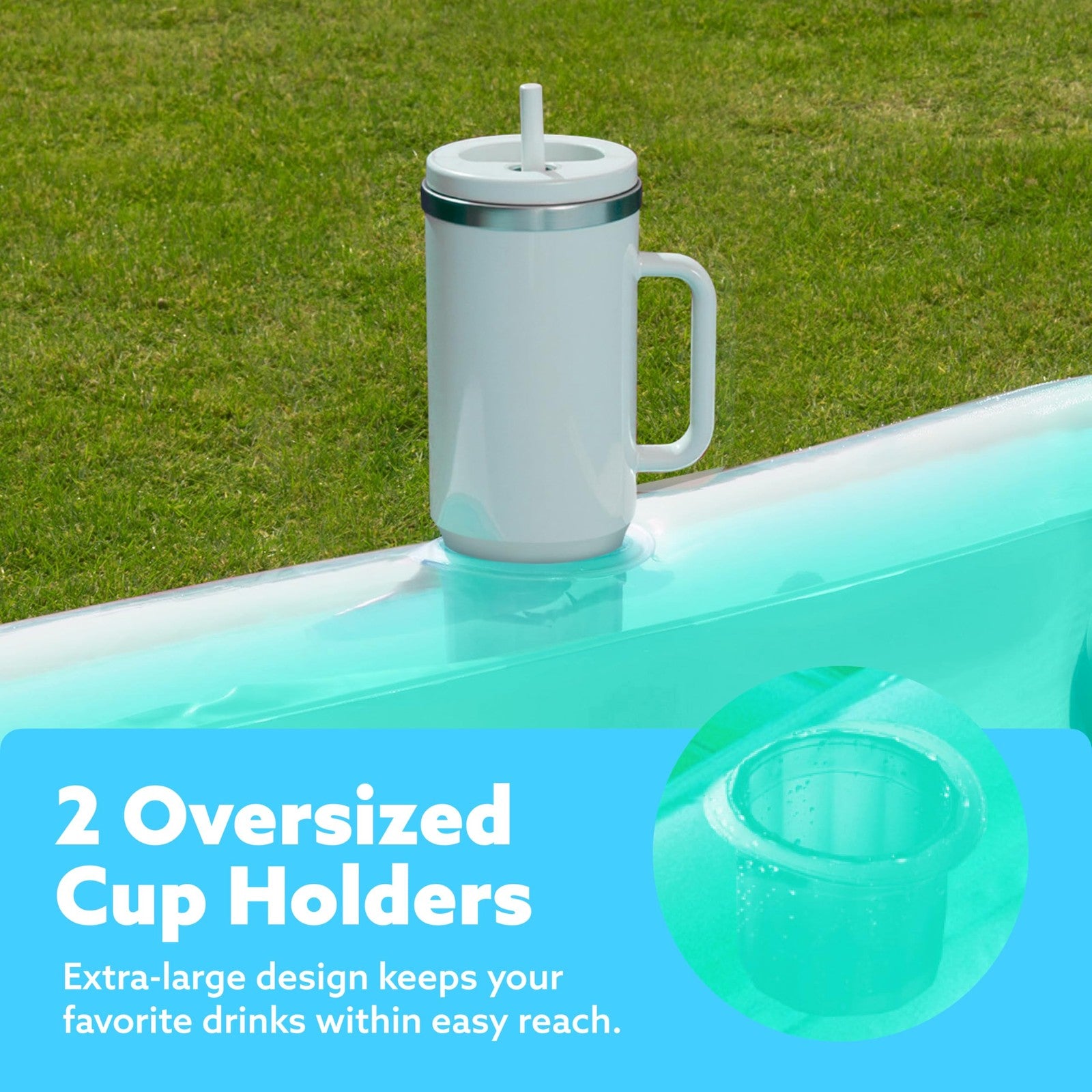 Sloosh inflatable tanning pool lounger float with pillow and cupholder, 70x46 inches, designed for adult relaxation in the pool.