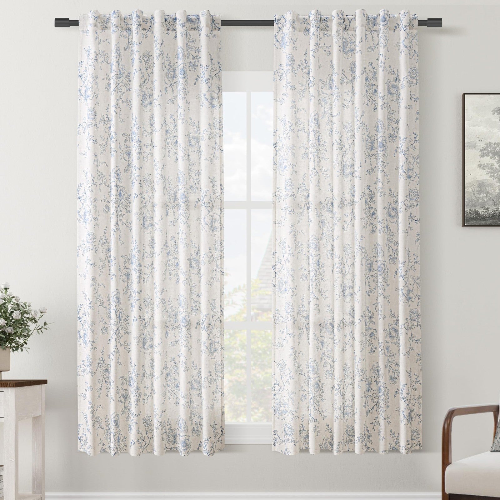 Blue floral curtains by Meikelor, 63-inch length back tab farmhouser living room light filter window treatment.