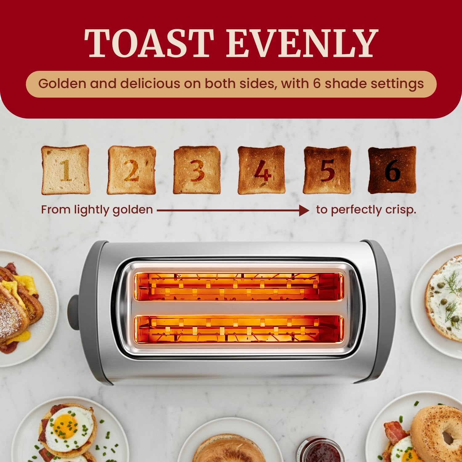 Elite Gourmet digital long slot 4-slice toaster with touch screen LED display and sleek extruded design, ready for toasting bread.
