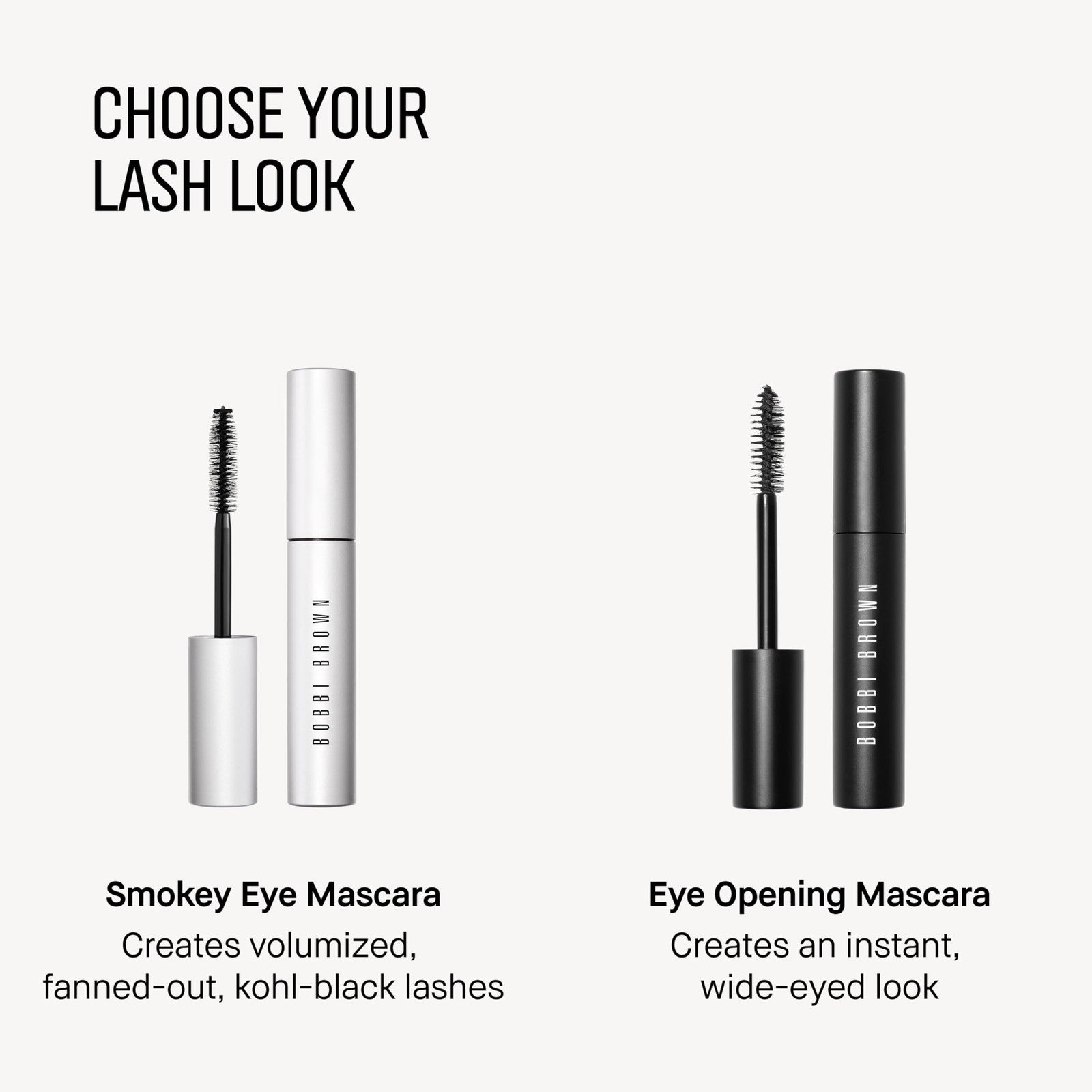 Bobbi Brown Eye Opening Mascara with a wand showing thick, curled, and lifted lashes for high-volume, dramatic eye definition.