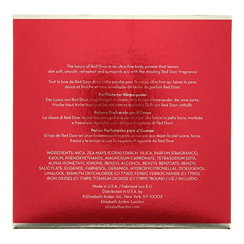 Elizabeth Arden Red Door perfumed body powder in a 5.3oz container, featuring a soft, luxurious texture with elegant packaging.