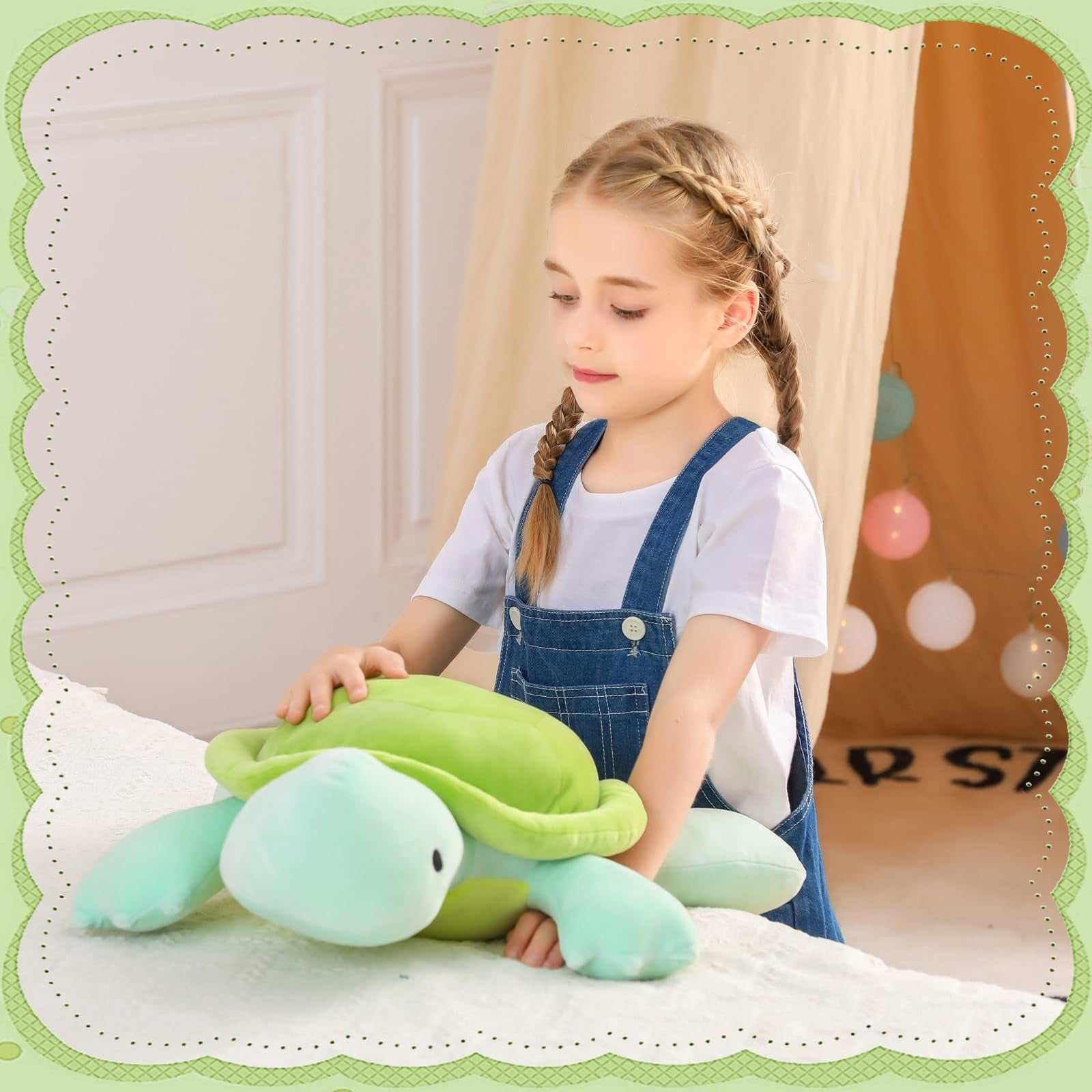 22-inch weighted sea turtle plush toy with green shell and soft polyester fabric