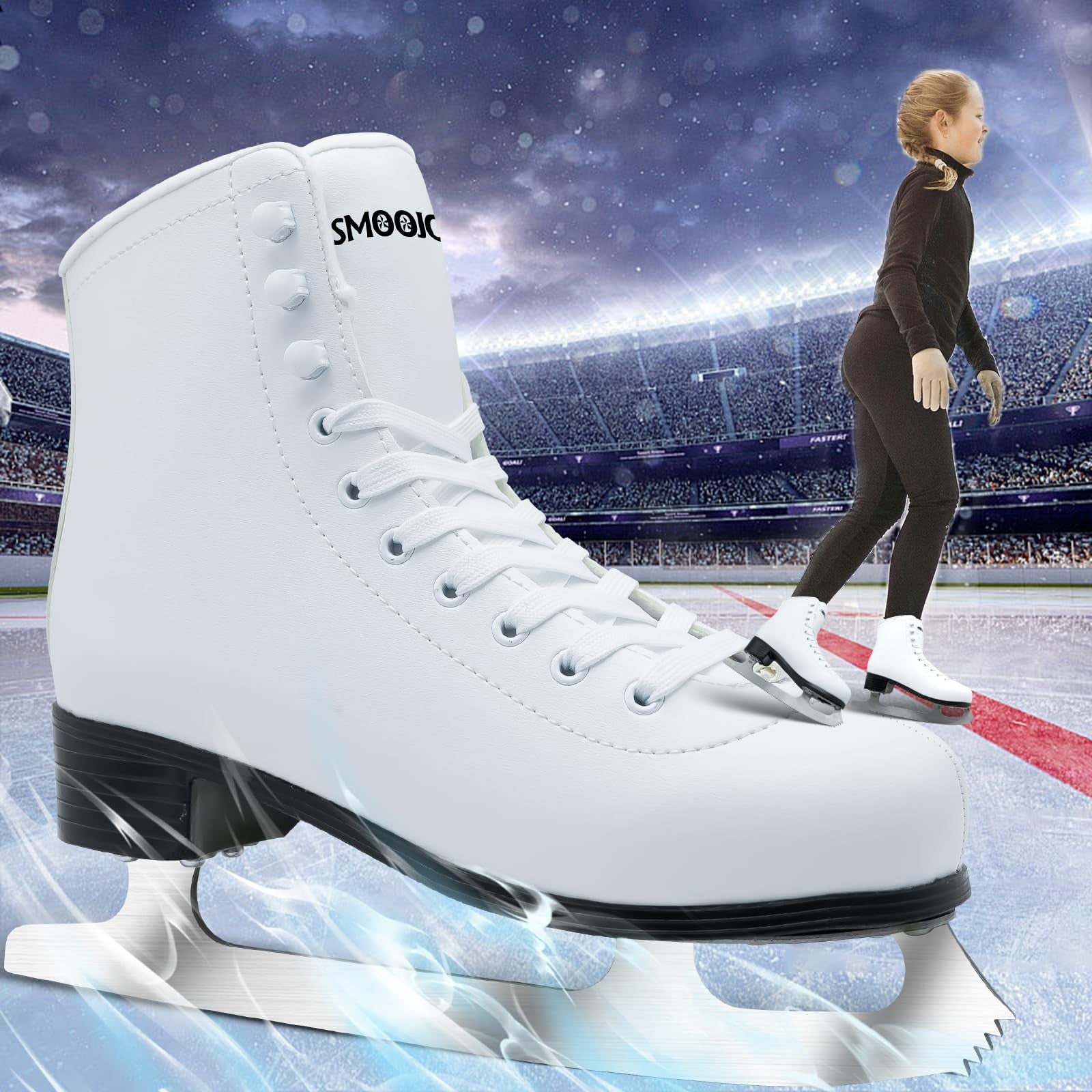 SMOOJOY classic ice figure skates for women and men with lace-up design, suitable for indoor and outdoor ice skating.