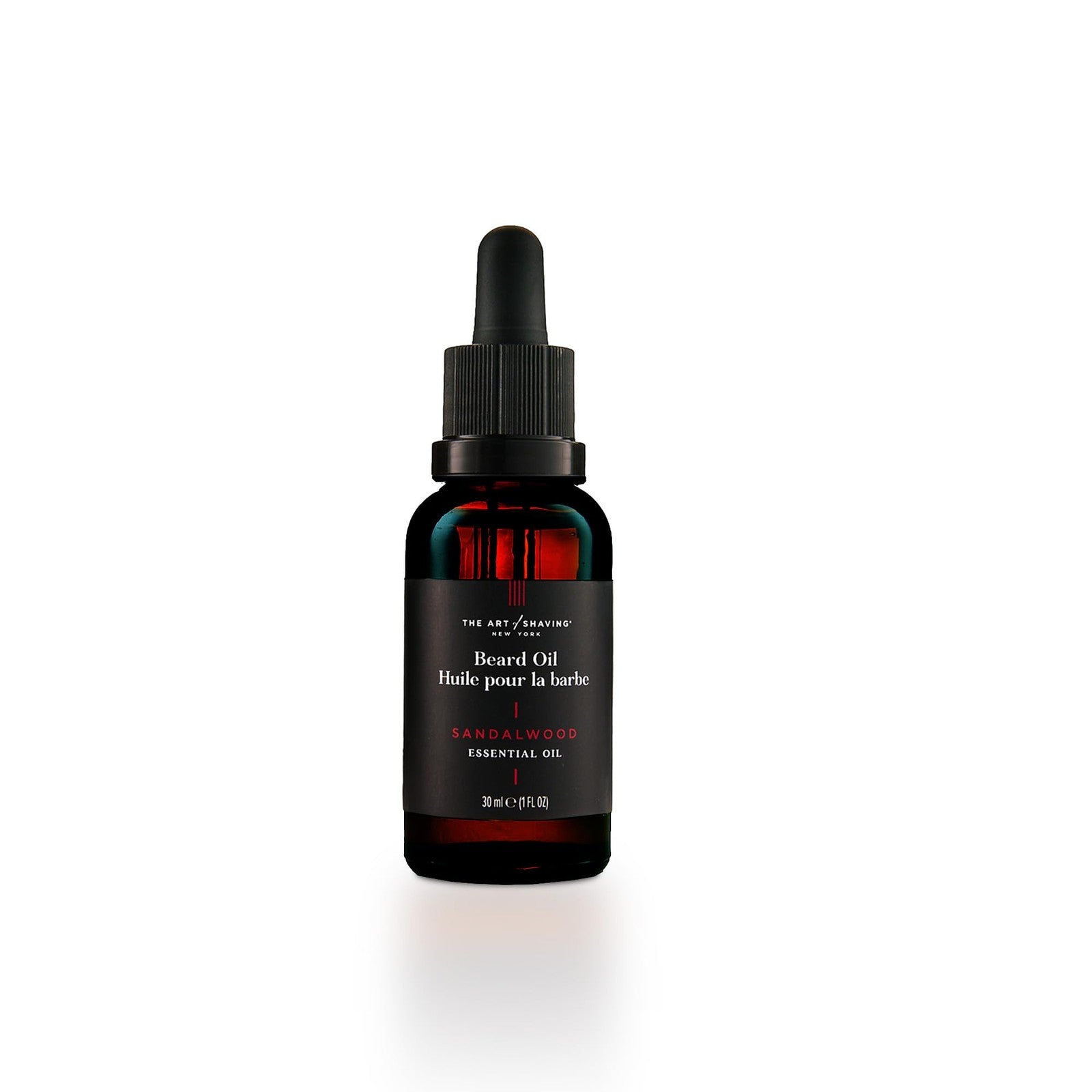 The Art of Shaving Sandalwood Beard Oil, 1 oz, with a dropper bottle showing smooth beard and sandalwood scent for moisturizing and taming.