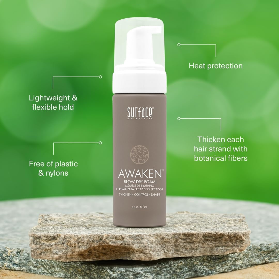 SURFACE Hair Awaken Thickening Blow Dry Foam for fine, fragile hair, providing protection, strength, and volume.