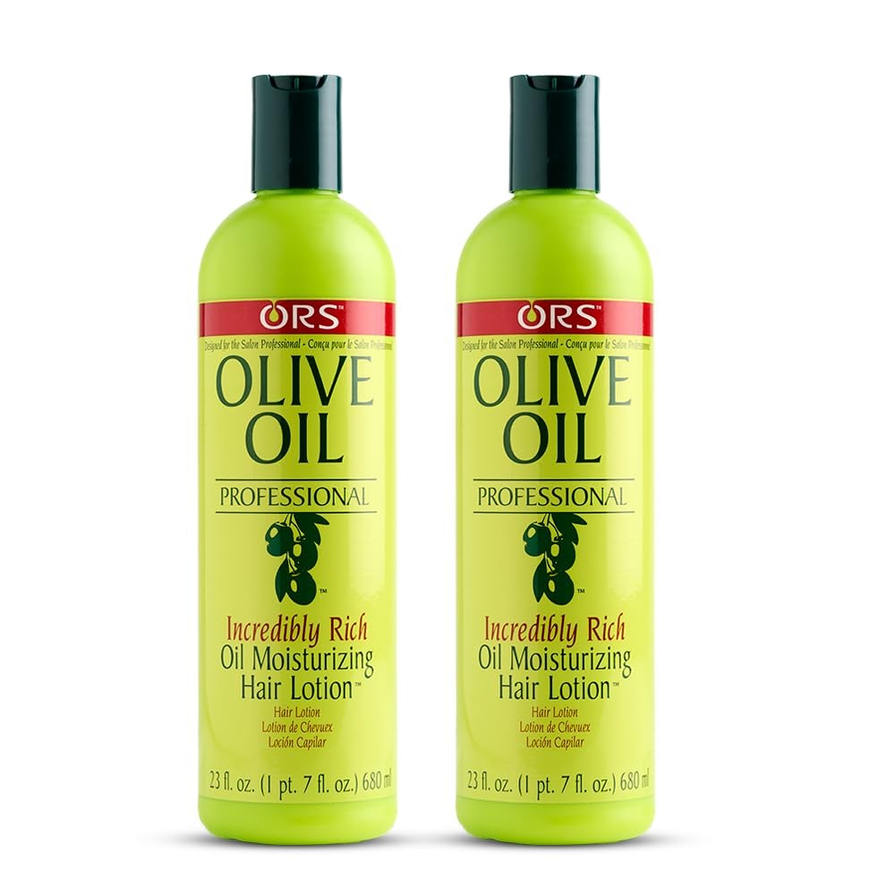 ORS Olive Oil Incredibly Rich Moisturizing Hair Lotion 23oz bottles, showing the product label and creamy texture.