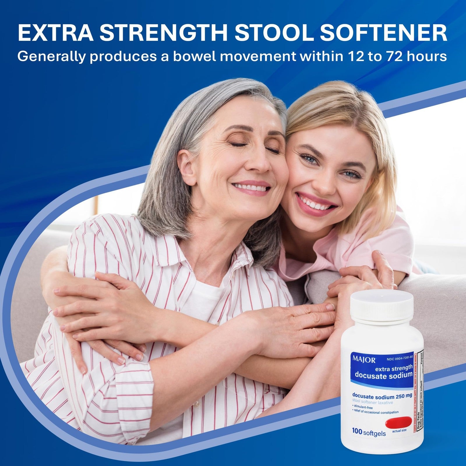 Major Docusate Sodium 250 mg Extra Strength Stool Softener laxative box with label and packaging details.