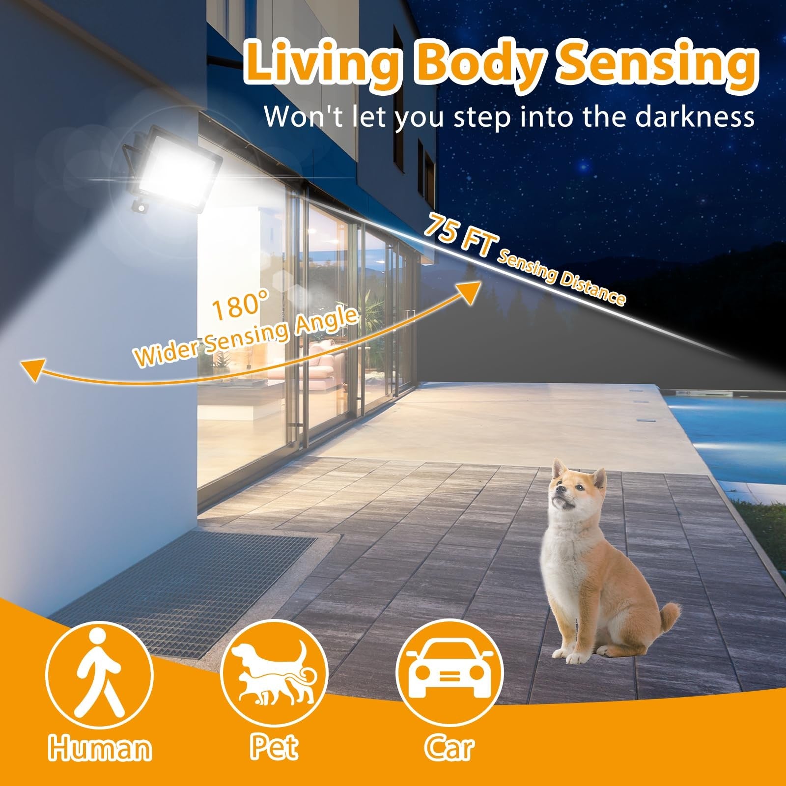 Two unbranded 300W LED motion sensor floodlights with plugs, super bright work lights for outdoor security and illumination.