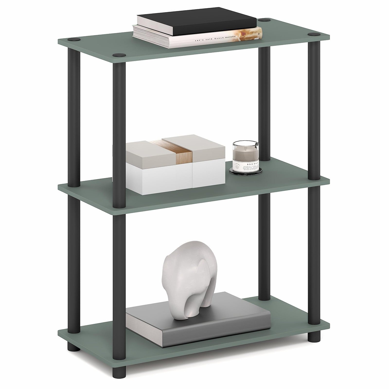 Furinno Turn-N-Tube 3-tier corner storage shelf with open design, made of durable black material, ideal for home organization.
