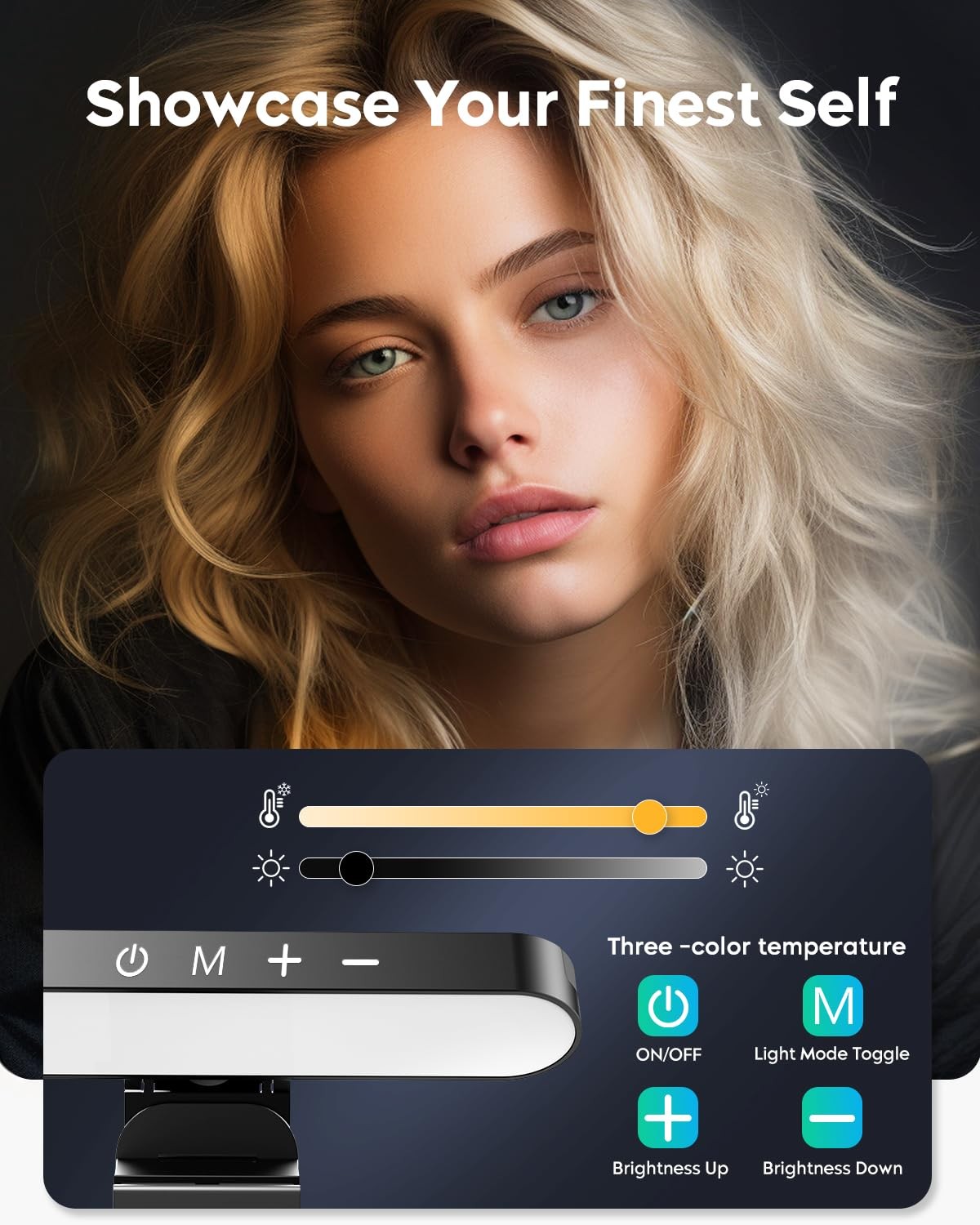 UBeesize LED streaming light for video calls, adjustable brightness and color temperature, mounted on a desktop stand for webcam use.