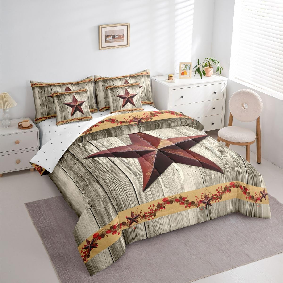 Erosebridal Western Texas Star 7-piece queen bedding set with retro farmhouse design featuring star patterns and coordinating bedding pieces.