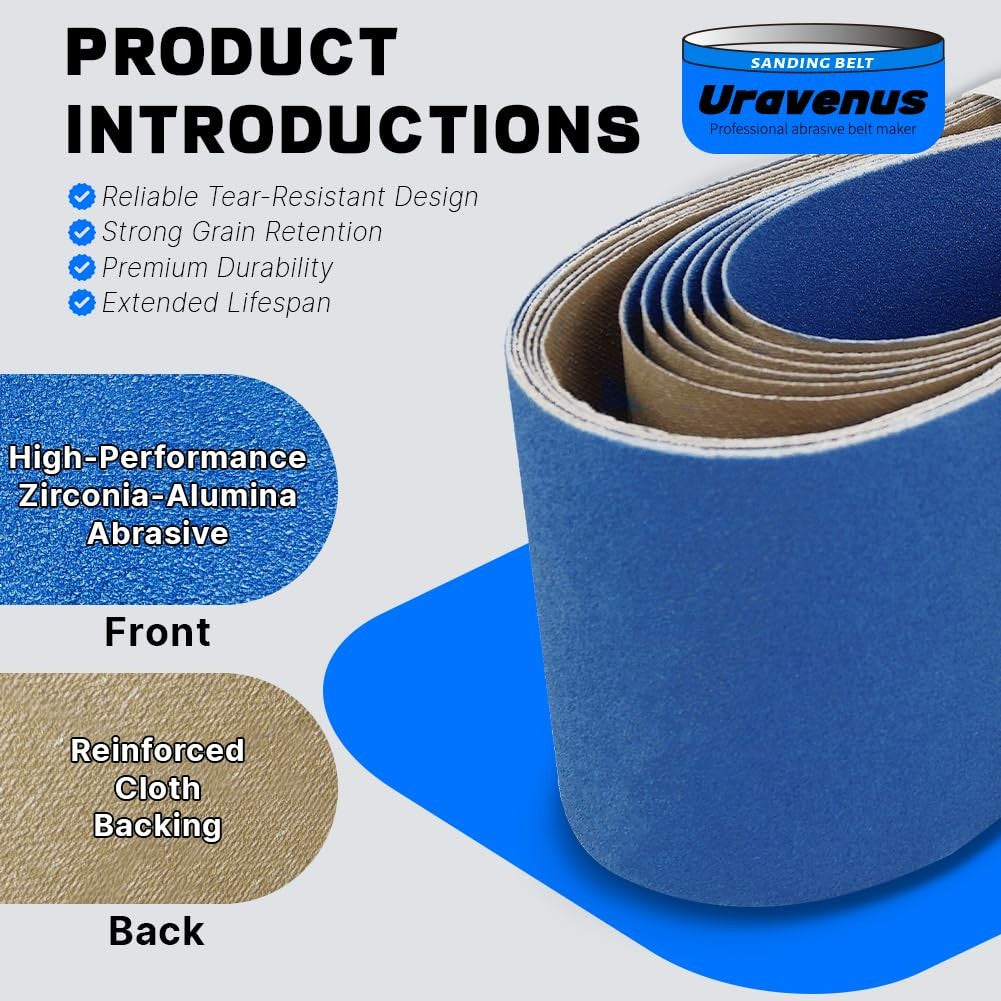 Four 36-inch Uravenus zirconia sanding belts, 240 grit, shown laid out for ultra-fine grinding and polishing.