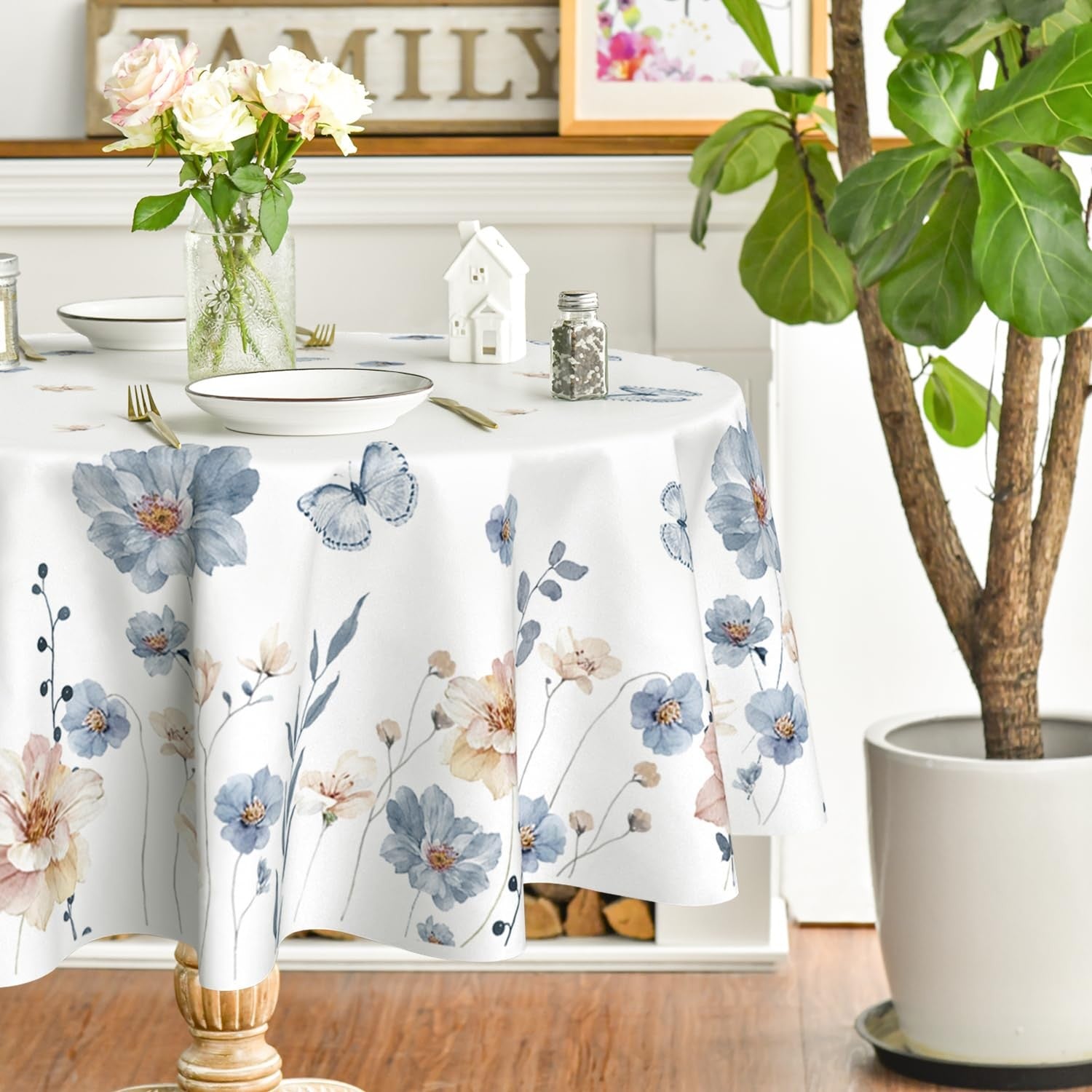 Horaldaily spring round tablecloth with watercolor floral design, 90x90 inches, washable, perfect for seasonal dining decor.