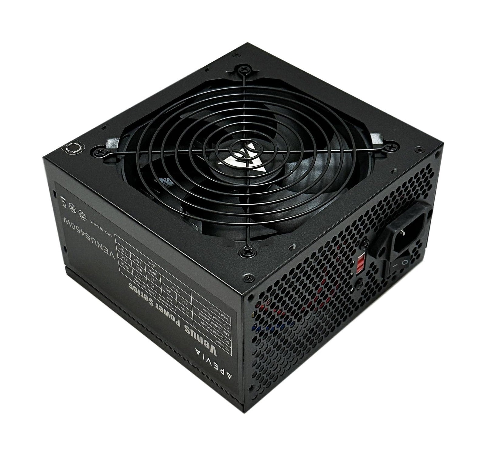 Apevia Venus 450W ATX power supply with auto-thermally controlled 120mm fan, compact and reliable for desktop computers.