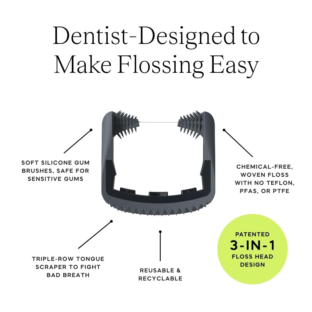 Slate Flosser refills showing reusable woven dental floss with PFAS-free, non-toxic design in packaging.