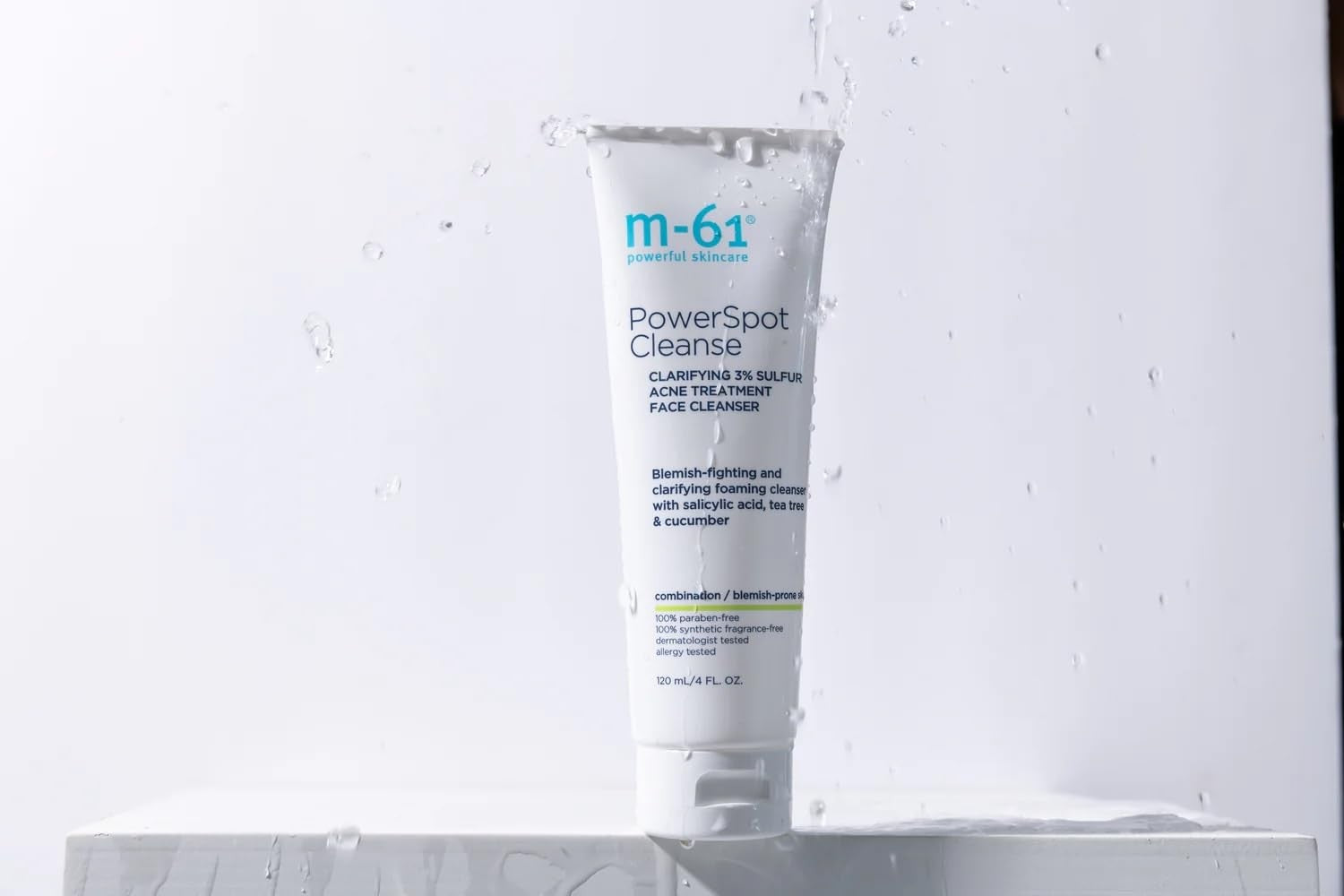 m-61 PowerSpot Cleanse clarifying acne-fighting cleanser with 3% sulfur and glycol, shown in a pump bottle with label.