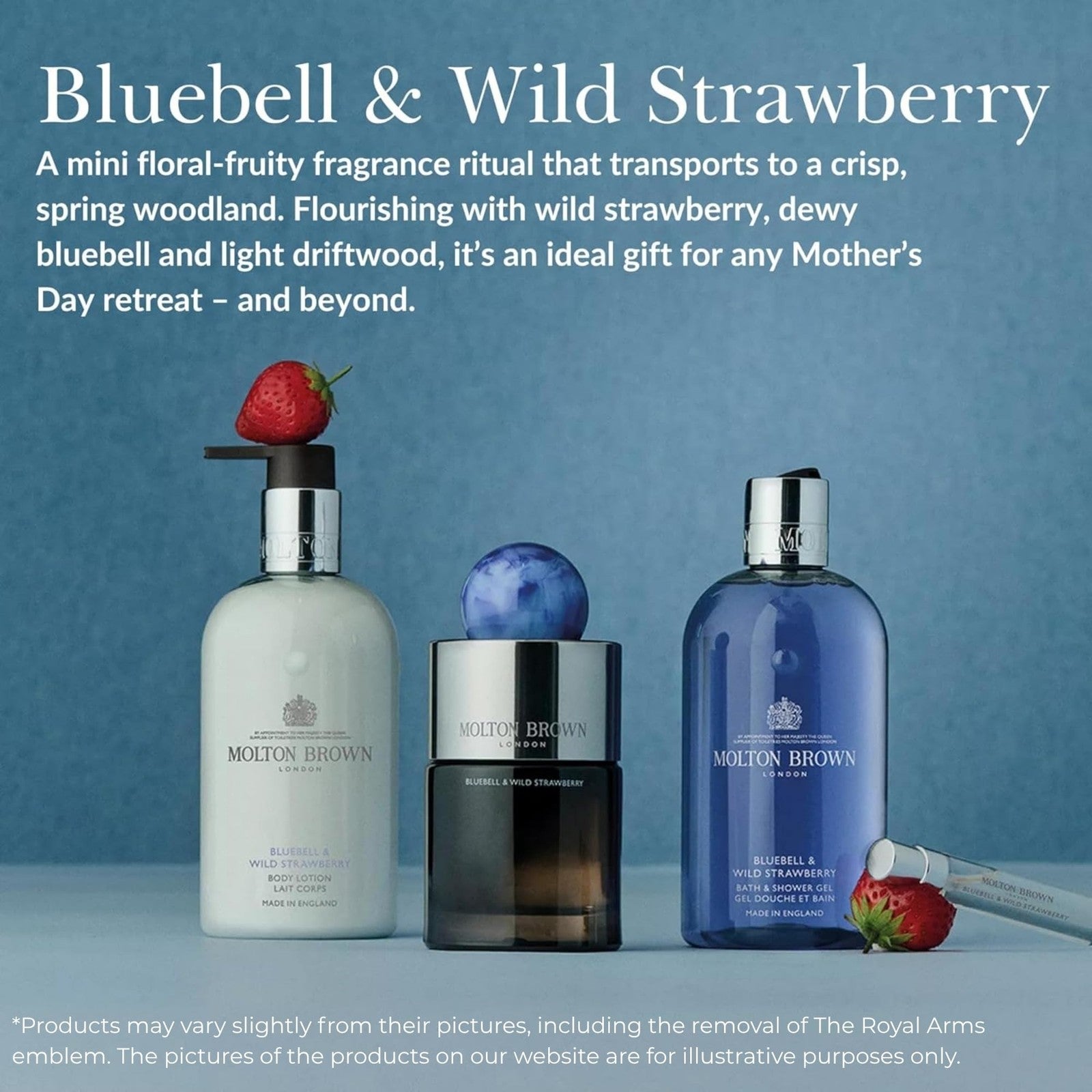 Molton Brown Bluebell & Wild Strawberry body wash bottle with blue and pink floral design, 10 fl oz size, on a white background.
