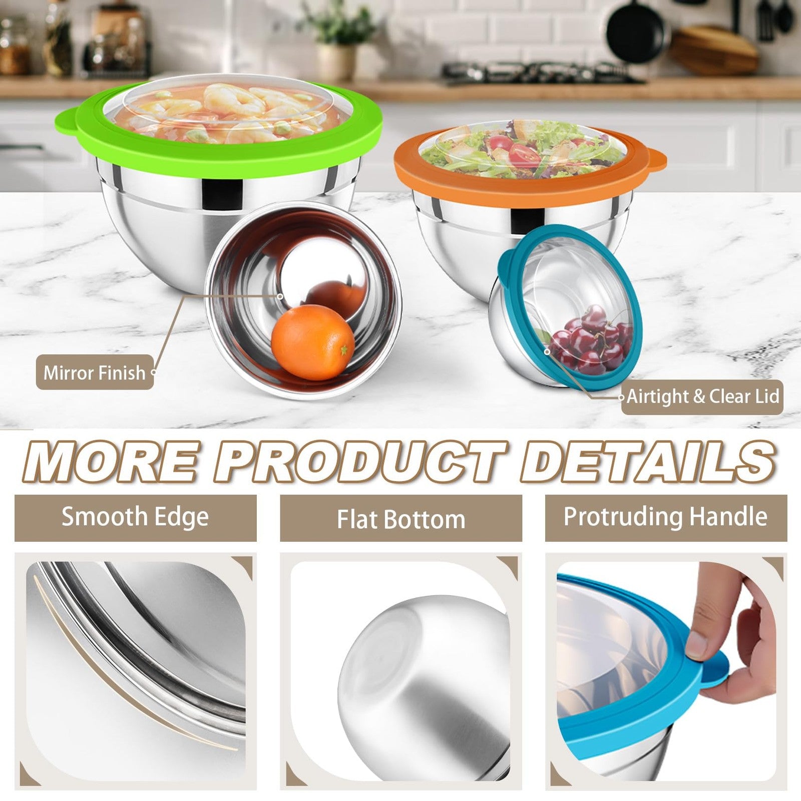 Set of seven stainless steel P&P CHEF mixing bowls with lids, nesting for easy storage and versatile for salad and food prep.