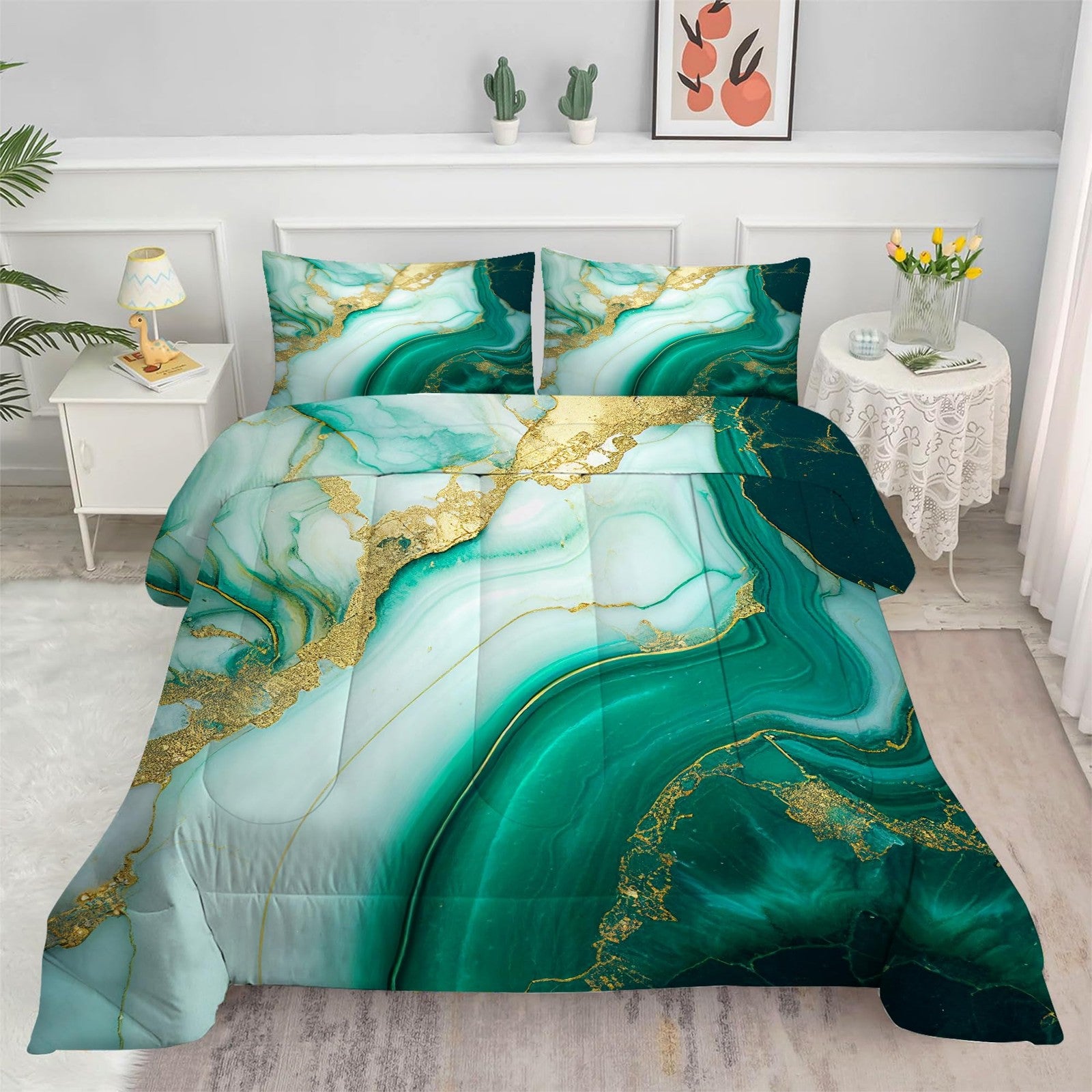 King size EDGZKO comforter set with green marble design, emerald green and gold glitter bedding on a bed with matching pillows.