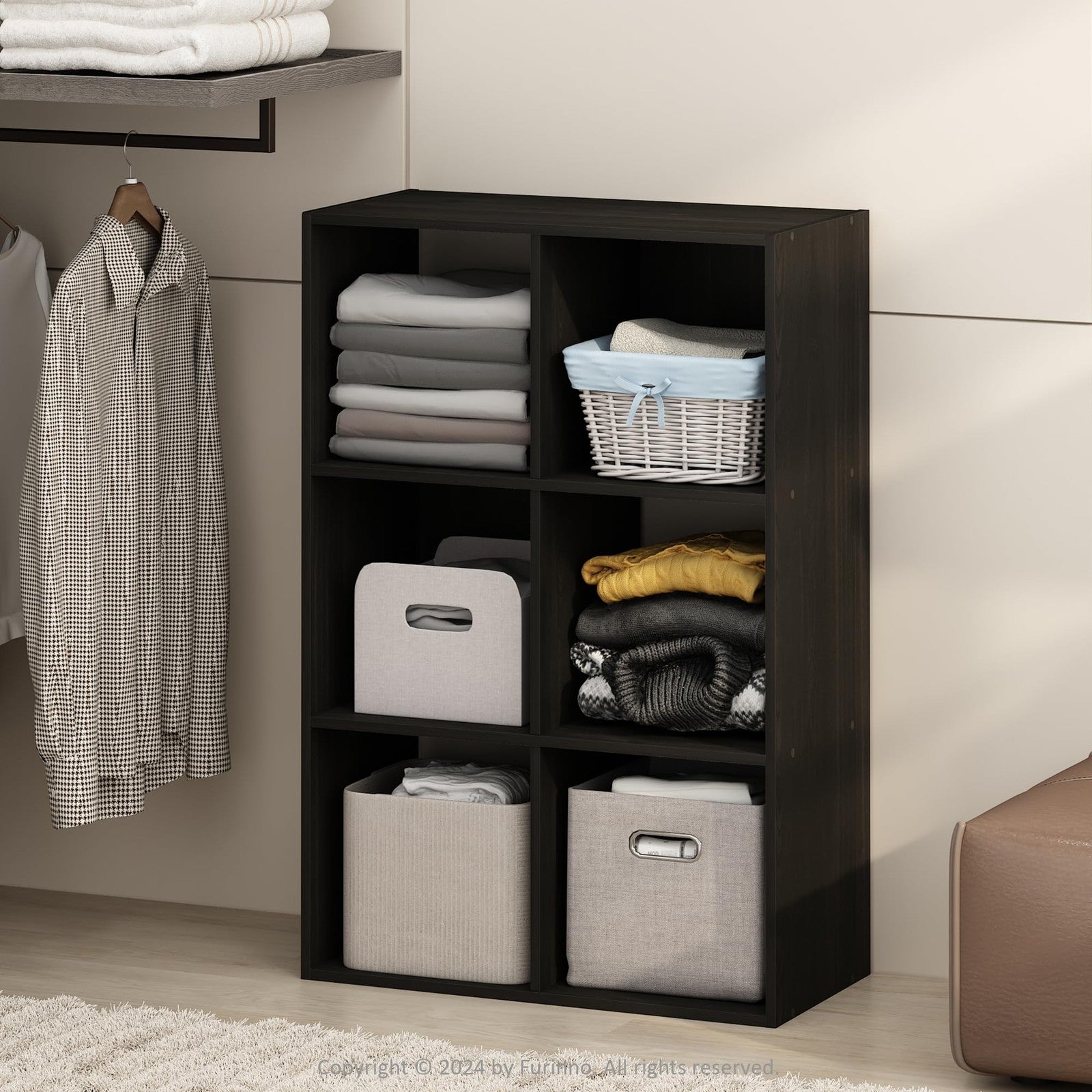 Furinno PELLI 6-cube open shelf closet organizer with storage compartments for clothing and accessories.
