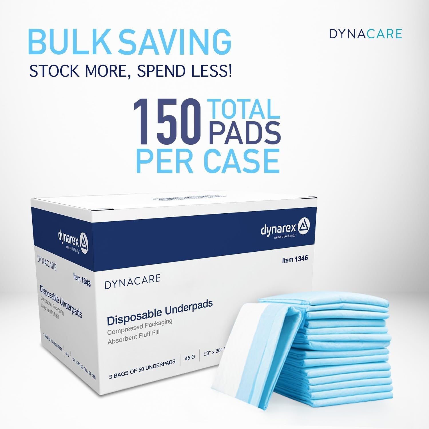 Dynarex disposable underpads for incontinence, medical-grade bed pads protecting sheets, shown in a clean, folded condition.