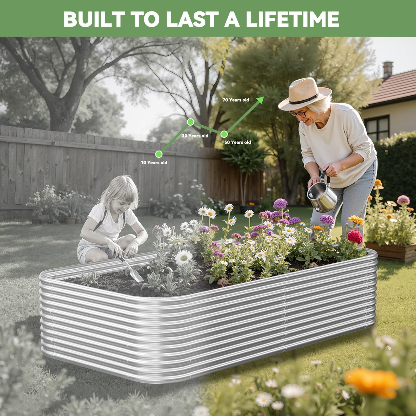 Three galvanized steel raised garden beds, 4x2 feet each, with tall sides, ideal for vegetable or flower gardening.