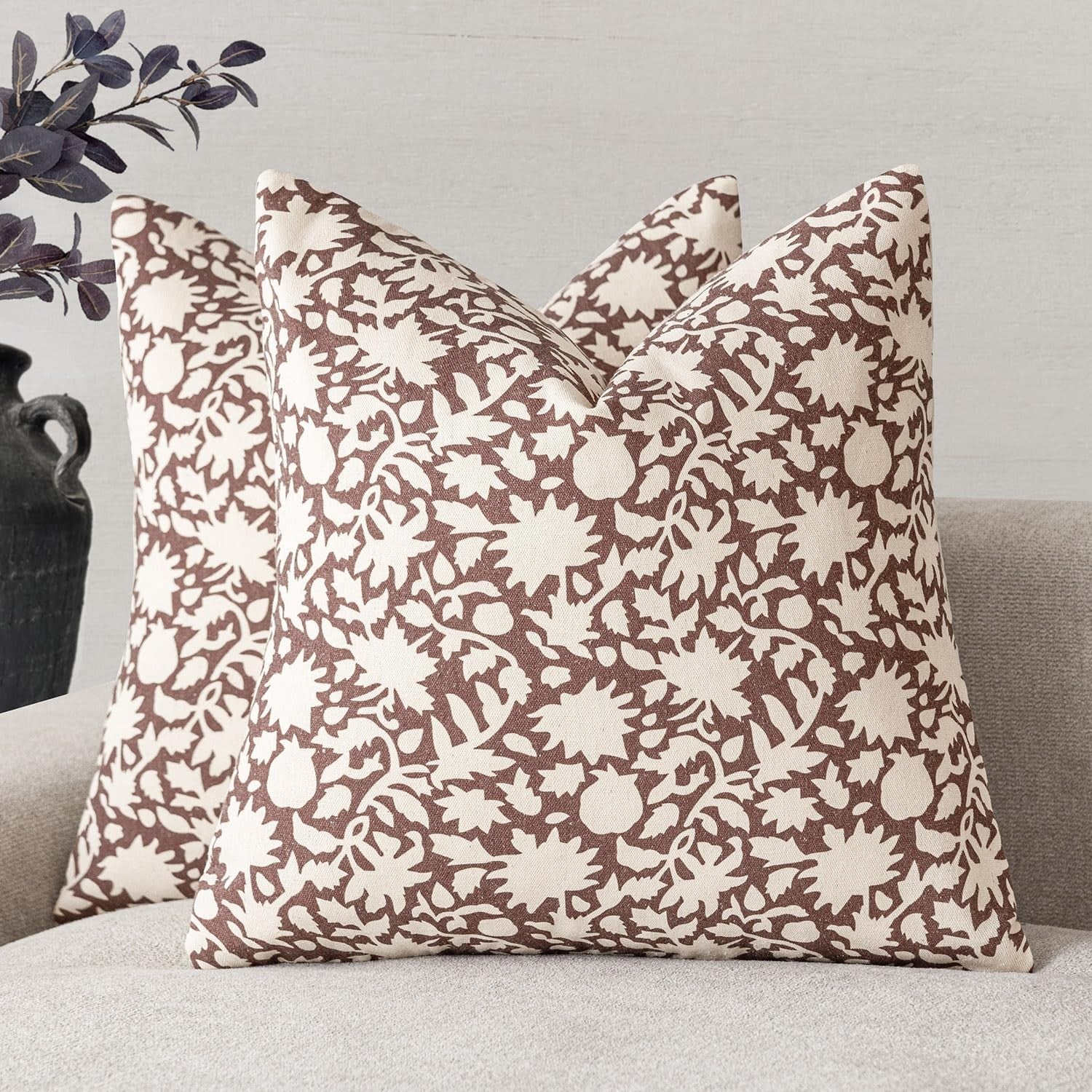 Foindtower set of 2 decorative floral throw pillow covers with neutral colors, perfect for farmhouse-style home decor.