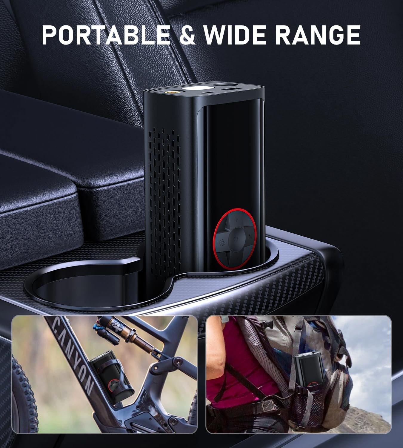 JUSUOX portable cordless tire inflator air compressor with digital gauge and 150 PSI for car tires.