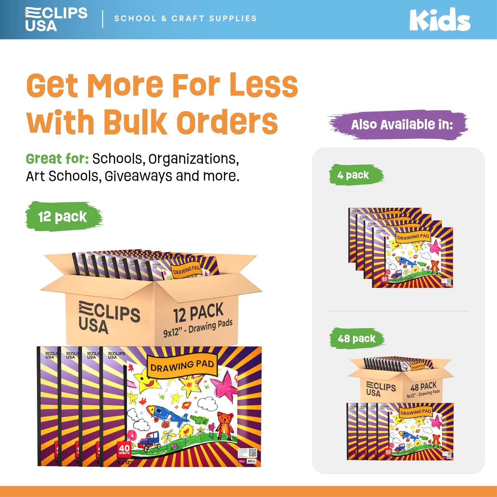 E-CLIPS USA kids sketch book with drawing paper, featuring a colorful cover and blank pages for young artists to draw and sketch.