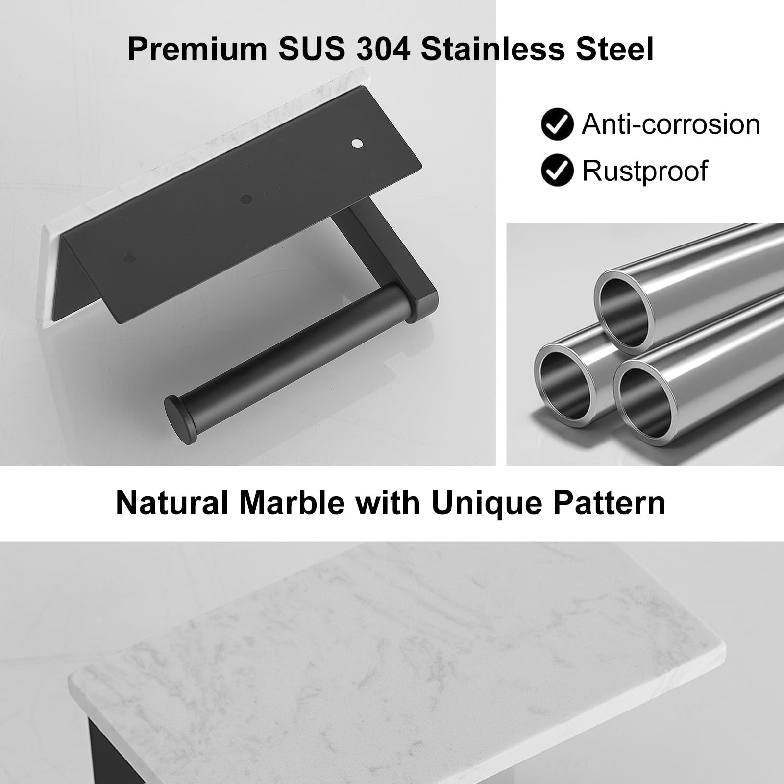 BWE marble and matte black wall-mounted toilet paper holder with shelf, made of 304 stainless steel, suitable for bathroom decor